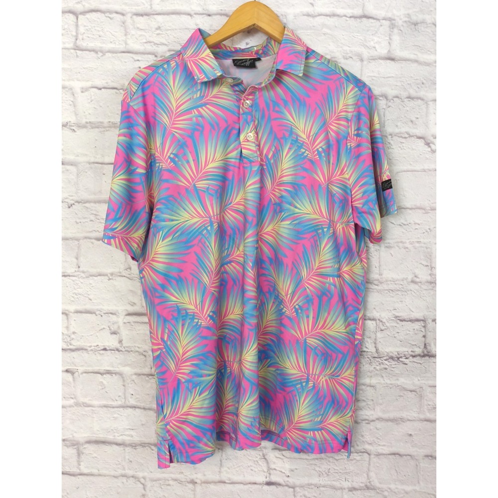 Sunday Swagger Maldives Tropical Floral Golf Polo Shirt SZ L Performance Stretch